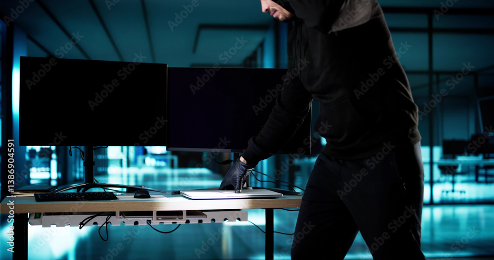Thief Stealing Laptop Computer From Office
