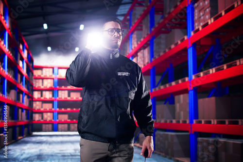 Security Guard Man With Flashlight At Warehouse