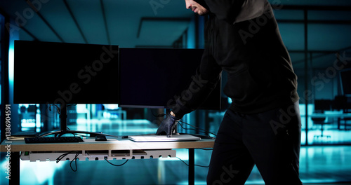 Obraz na płótnie Thief Stealing Laptop Computer From Office w salonie