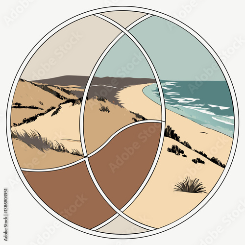 A circle with a mountain and sea beach lake in the middle Intersecting Circles with Desert and Ocean Split – Surreal Nature Contrast Art