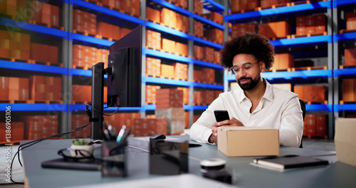 Obraz na płótnie African American man scanning barcodes with smartphone w salonie