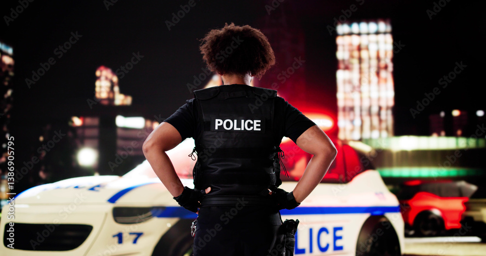 Night Patrol: Young African American Police Officer Keeping City