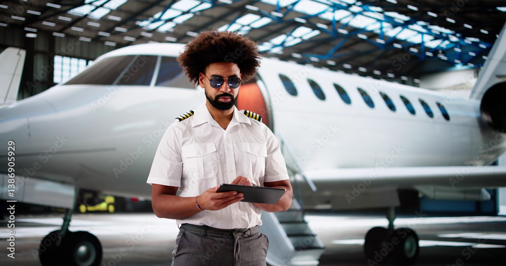 Professional African-American pilot smiling while using tablet