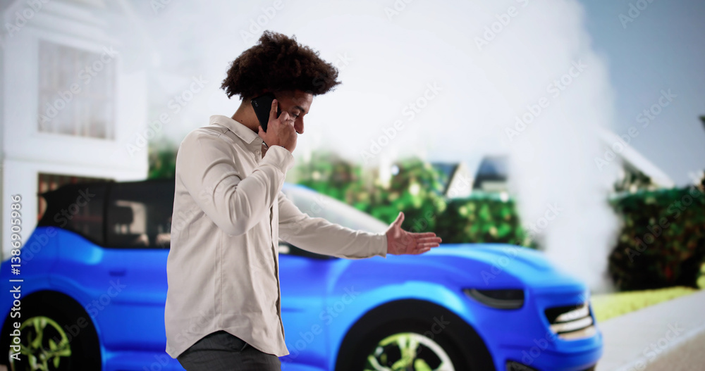 Frustrated African-American man on phone next to broken car engine