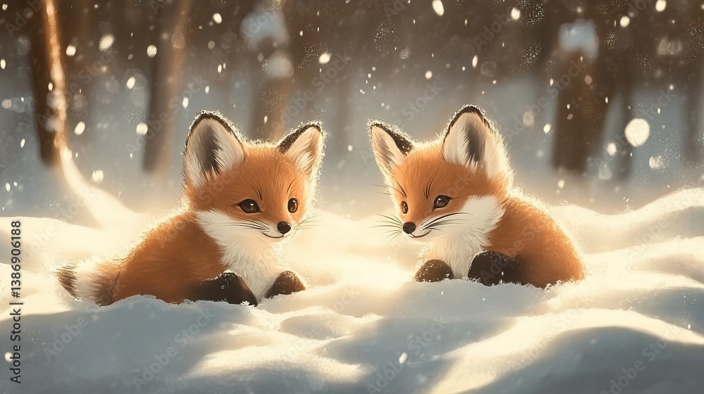 Fototapeta premium two small cute foxes in the snow,illustration,animals in the snow