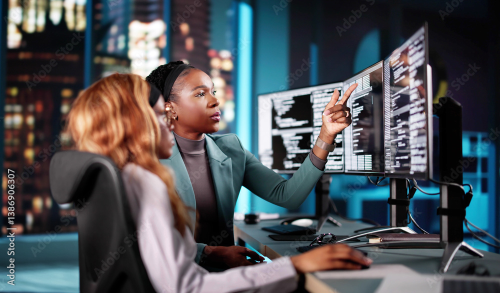 Young African American woman coding on office computer late