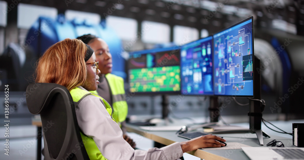 African-American woman managing gas turbine