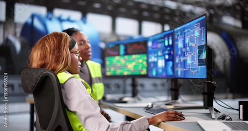 Obraz na płótnie African-American woman managing gas turbine w salonie