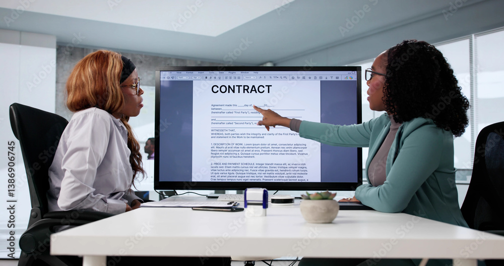 Lawyer mediates contract on black table with corporate clients