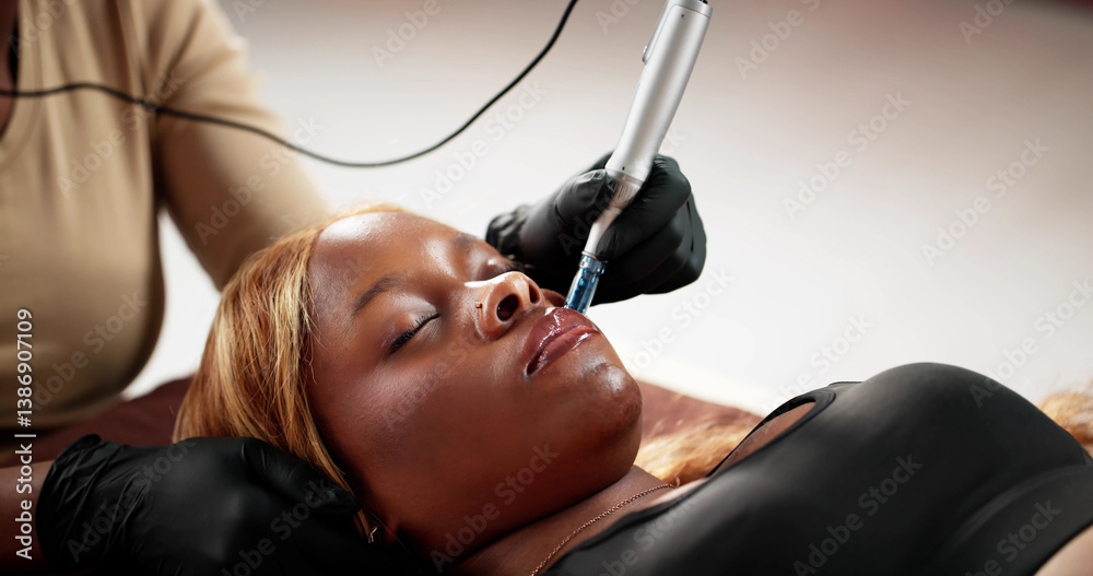Black woman gets skin microneedling in beauty clinic