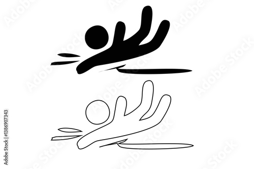 Caution symbols with stick figure man falling. Wet floor, tripping, falling from stairs, ladder, water, edge. Workplace safety and injury vector illustration