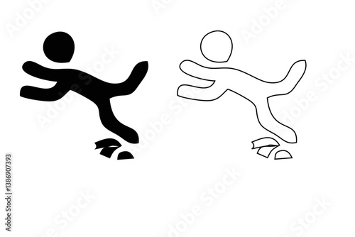 Caution symbols with stick figure man falling. Wet floor, tripping, falling from stairs, ladder, water, edge. Workplace safety and injury vector illustration