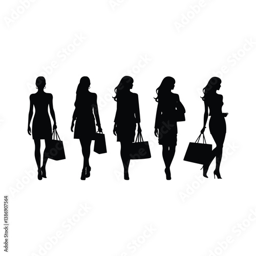 Women carrying bags silhouette clipart on a white background