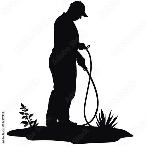 Gardener silhouette holding hose in black and white, nature symbolism