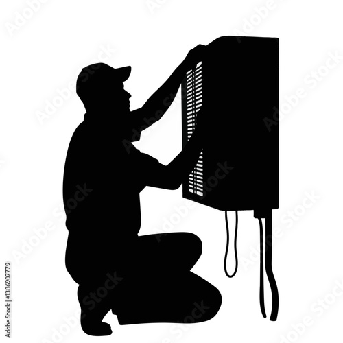 HVAC technician repairing air conditioner silhouette, service profession