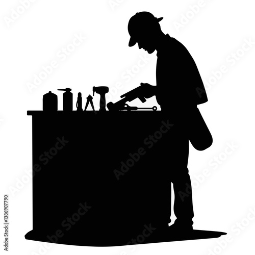 Locksmith silhouette working with tools at desk, craftsmanship concept
