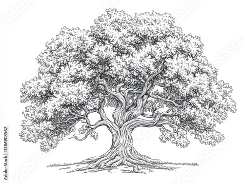 Majestic oak tree drawing, nature illustration, peaceful background, design element