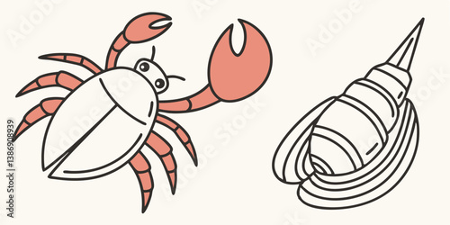 Vector Art of Crab and Shell - Perfect for Seafood and Marine Designs