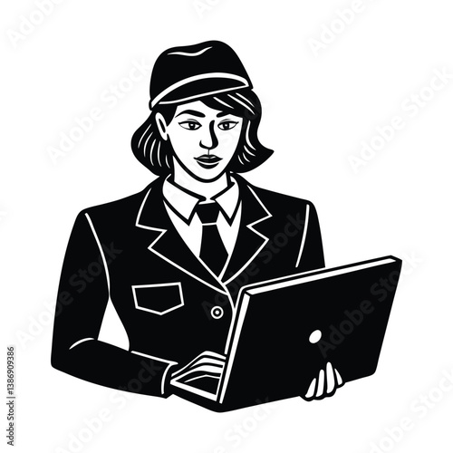 security guard woman on laptop on a white background