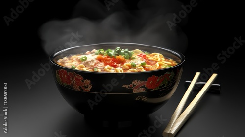 Aromatic ramen bowl steaming gracefully on dark backdrop with chopsticks
