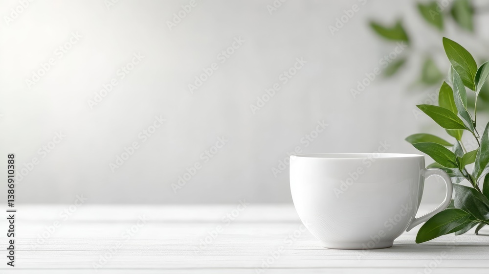 A simple white mug sits on a white table. Green leaves are subtly visible in the background. The image is high-quality with soft lighting, creating a calm and peaceful mood. Its minimalist aesthetic A simple white mug sits on a white table. Green leaves are subtly visible in the background. The image is high-quality with soft lighting, creating a calm and peaceful mood. Its minimalist aesthetic