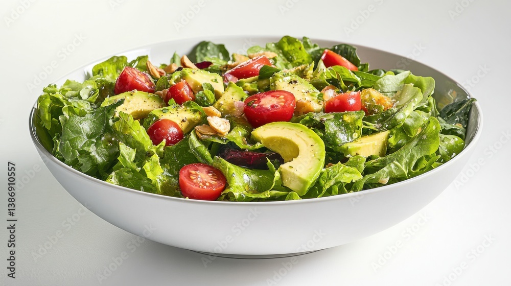 A fresh bowl of mixed greens with avocado, cherry tomatoes, and a vinaigrette dressing. Featuring health and nutrition A fresh bowl of mixed greens with avocado, cherry tomatoes, and a vinaigrette dressing. Featuring health and nutrition