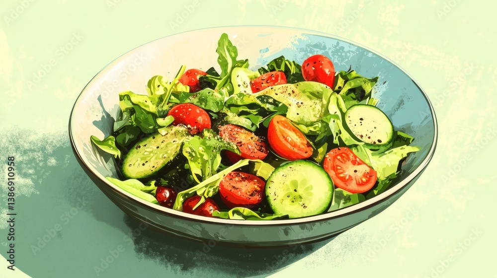 A fresh bowl of mixed greens with cucumber, cherry tomatoes, and vinaigrette. Featuring health and vitality A fresh bowl of mixed greens with cucumber, cherry tomatoes, and vinaigrette. Featuring health and vitality