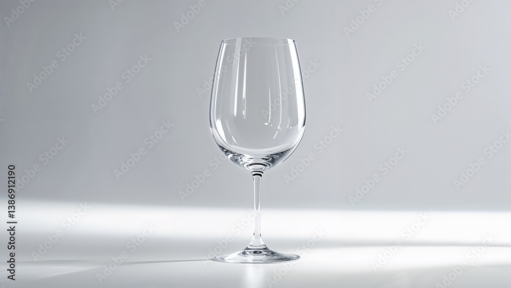 An elegant, empty wine glass with a delicate stem stands gracefully on a white surface, reflecting light and showcasing its pristine transparent form against a soft gray backdrop An elegant, empty wine glass with a delicate stem stands gracefully on a white surface, reflecting light and showcasing its pristine transparent form against a soft gray backdrop