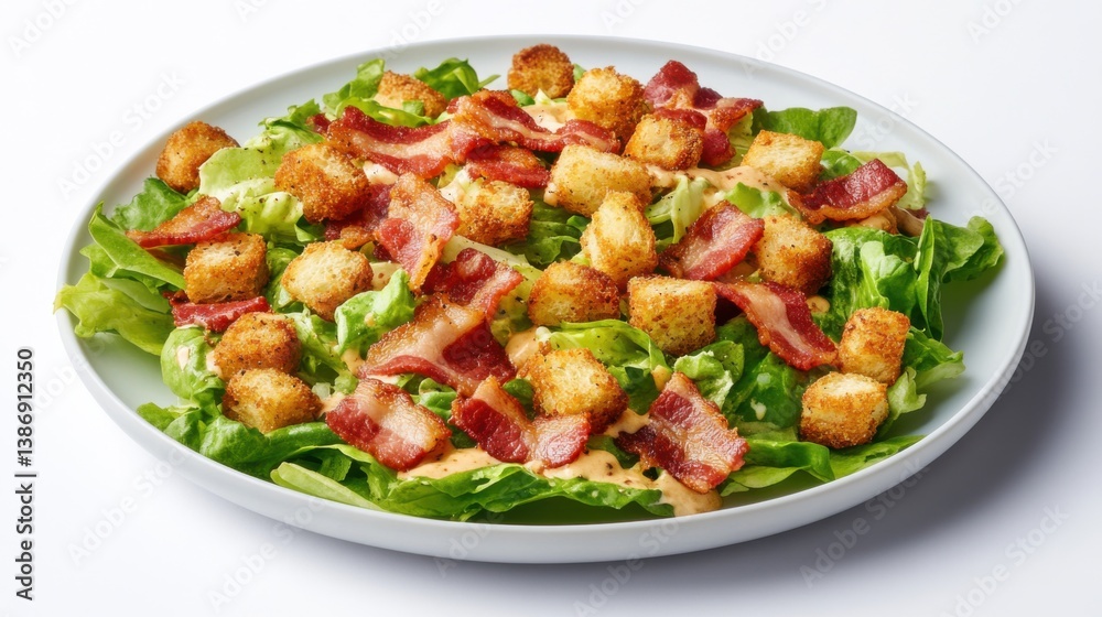 A fresh Caesar salad with crispy bacon and croutons. Featuring crunch and flavor A fresh Caesar salad with crispy bacon and croutons. Featuring crunch and flavor