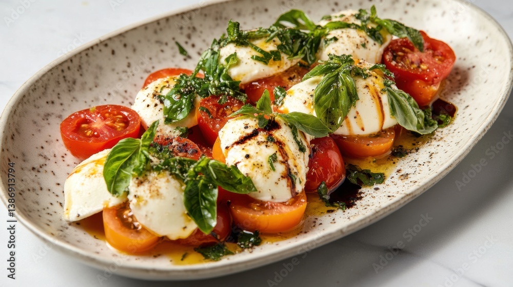 A fresh caprese salad with mozzarella, tomatoes, and basil. Featuring simplicity and flavor A fresh caprese salad with mozzarella, tomatoes, and basil. Featuring simplicity and flavor