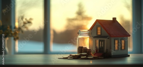 Small House with Money Jar Representing Saving Concept