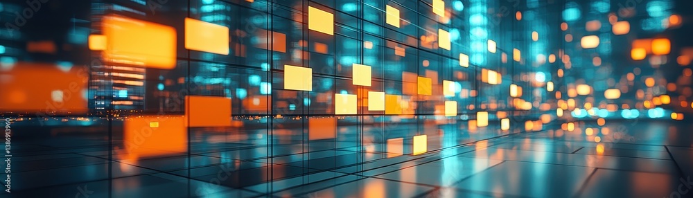 Close-up of neon sticky notes illuminating a futuristic digital workspace with critical project steps and vibrant visuals