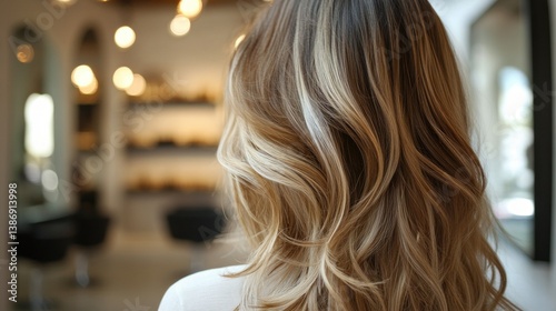 Elegant blonde highlights cascade, showcasing a modern salon styling