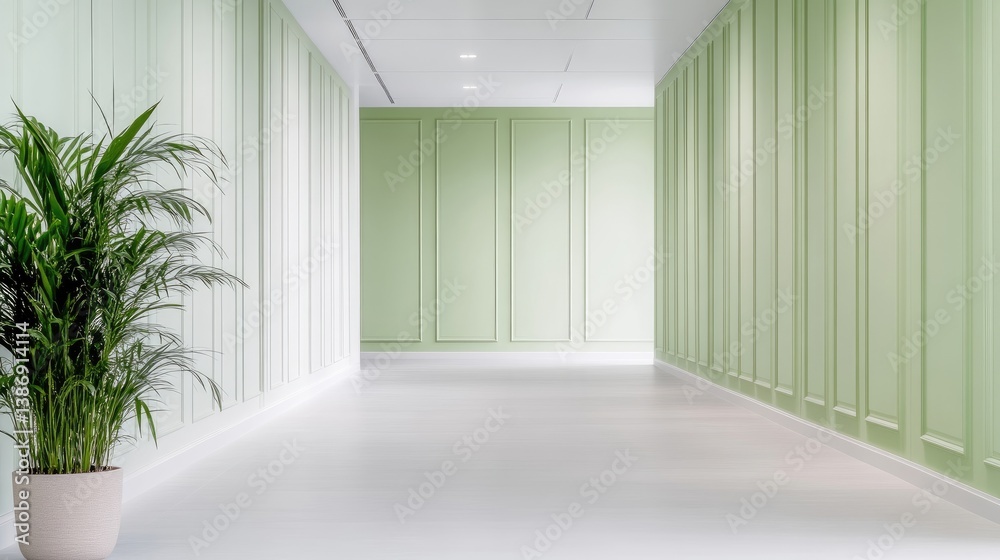 Fototapeta premium A pale green hallway features paneled walls and a potted plant. The bright, clean space has a minimalist design. The image is high-quality with even lighting. The aesthetic is calming and modern. T