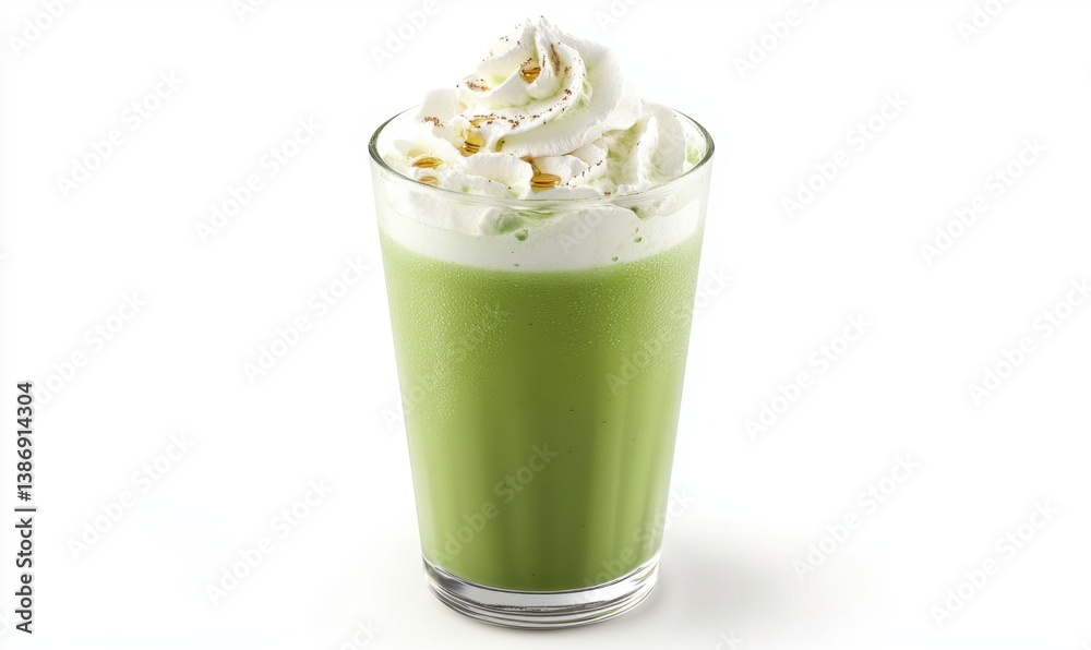 Iced Matcha Latte with Whipped Cream; Refreshing drink; White background; Ideal for menus or ads Iced Matcha Latte with Whipped Cream; Refreshing drink; White background; Ideal for menus or ads