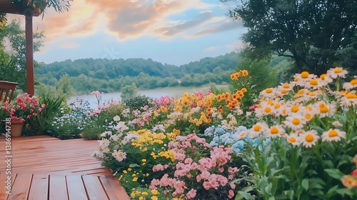 Sunset Serenity Lakeside Flower Garden
