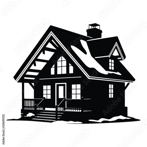 Ski Chalet Home Silhouette, Vector, Icon, Logo, White Background.