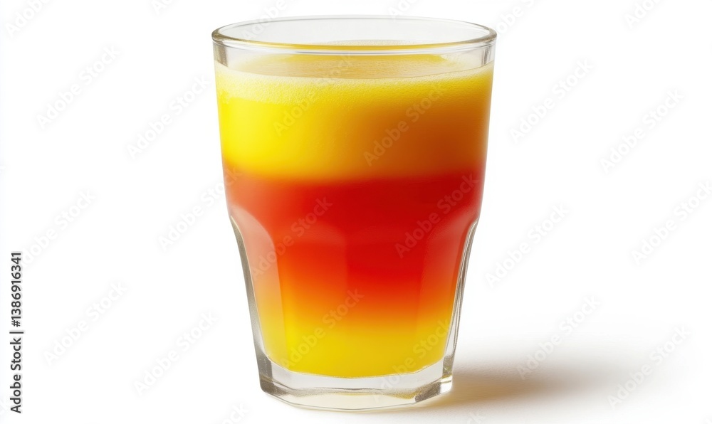 Layered juice drink in glass, white background, healthy refreshment, food photography, for menus or websites Layered juice drink in glass, white background, healthy refreshment, food photography, for menus or websites