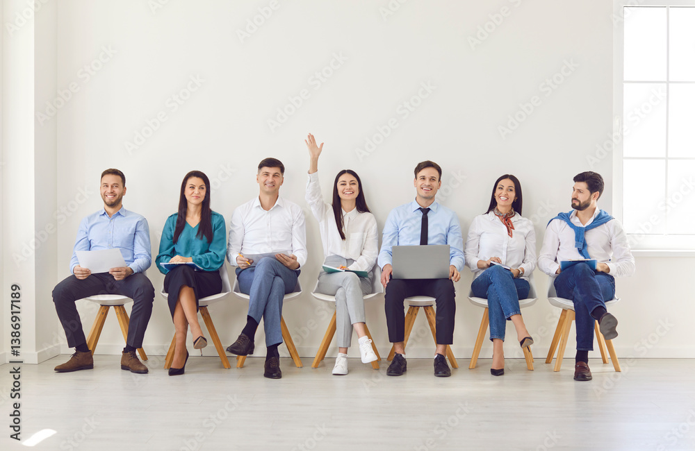 Diverse job seekers waiting for interview, female applicant hand raising sitting in queue, finding new company recruit among candidates vacancy waiting, human resources, hiring and job search, seminar