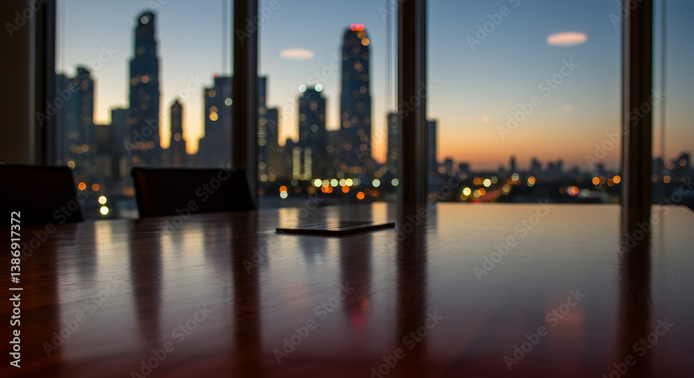 Fototapeta premium City Skyline View Through Office Window at Dusk Featuring Skyscrapers and Evening Sky in Chicago Downtown Illinois