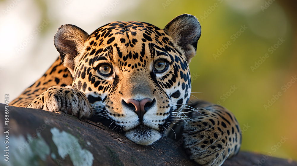 Obraz premium striking jaguar rests on tree branch, its piercing eyes gazing intently. sunlight highlights its beautiful spotted fur, creating serene and majestic scene in lush forest