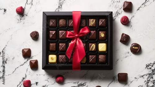 Elegant chocolate truffle assortment with red ribbon on marble background