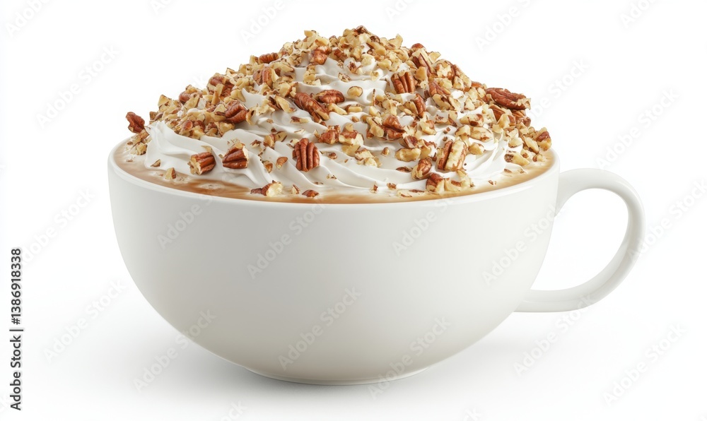 Pecan-topped latte in a white mug, autumn drink, studio shot, white background, food photography, for menus Pecan-topped latte in a white mug, autumn drink, studio shot, white background, food photography, for menus