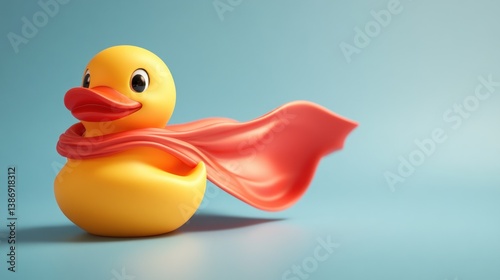 A whimsical yellow rubber duck with a flowing red cape on light blue background