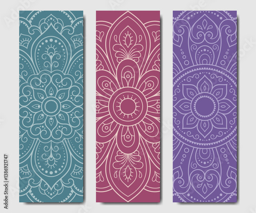 Set of design yoga mats. Lotus floral pattern, mandala in oriental style for decoration sport equipment. Colorful ethnic Indian ornaments for spiritual serenity. Decor of card, poster, print.