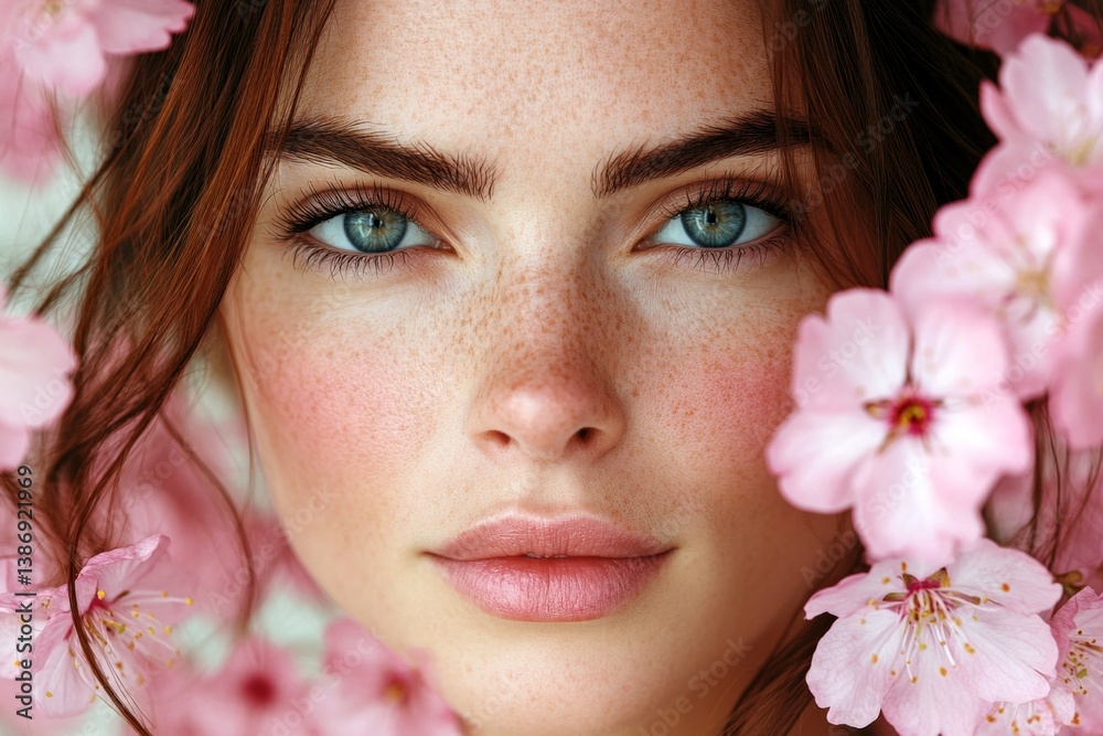 Spring mood, dark night and warm mystic light - complementary lighting. Commercial marketing creative. Attractive caucasian young woman surrounded by cherry blossoms. Spring mood, dark night and warm mystic light - complementary lighting. Commercial marketing creative. Attractive caucasian young woman surrounded by cherry blossoms.