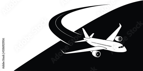 Airplane Flying Over An Abstract Graphic Landscape In Black And White