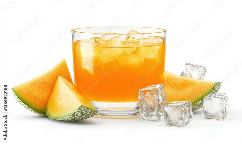 Fototapeta premium Refreshing melon juice with ice cubes, slices, white background; perfect for summer beverage ads