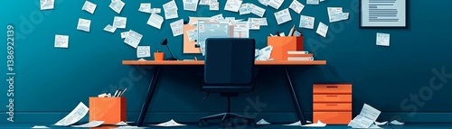 A cluttered office space with scattered papers and colorful stationery on a modern desk.