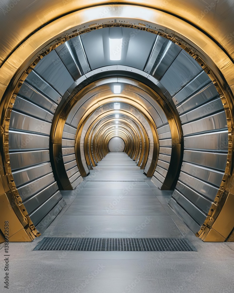 Fototapeta premium A modern corridor with a sleek, futuristic design and metallic finishes.